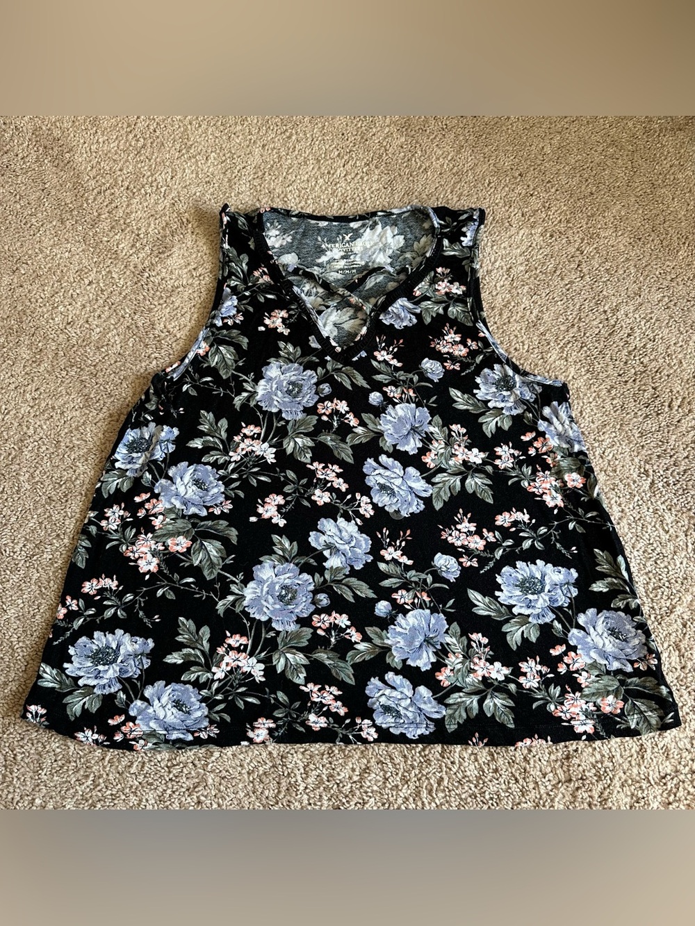 American Eagle Outfitters Black Tank Top with Blue and Pink Floral Print
